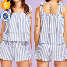 Striped Self Tie Shoulder Top And Ruffle Trim Shorts Set Manufacture Wholesale Fashion Women Apparel (TA4088SS)